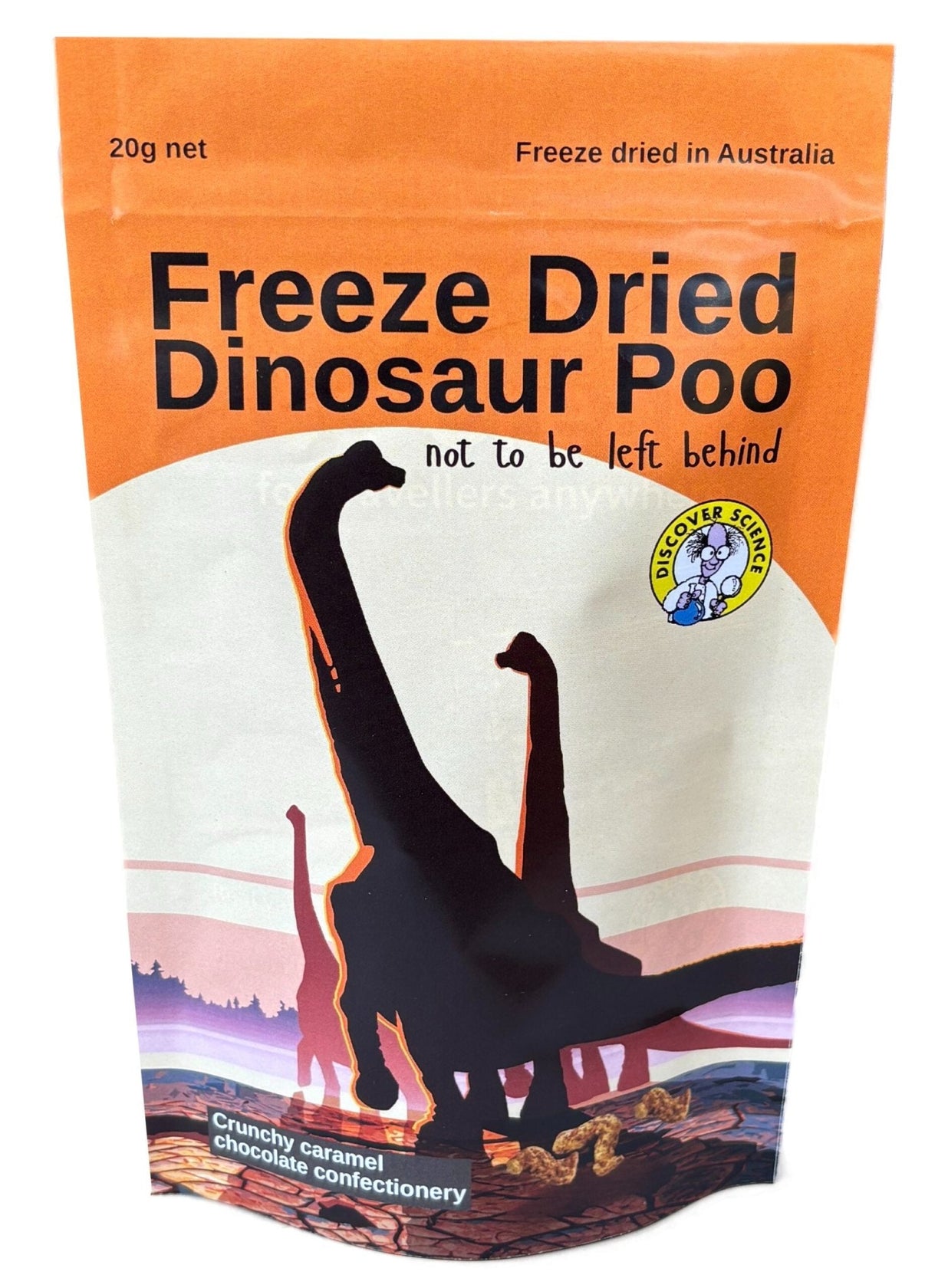Freeze-dried dinosaur poo pouch with front graphic and caramel chocolate label