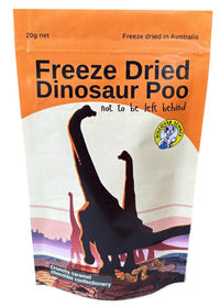 Freeze-dried dinosaur poo pouch with front graphic and caramel chocolate label