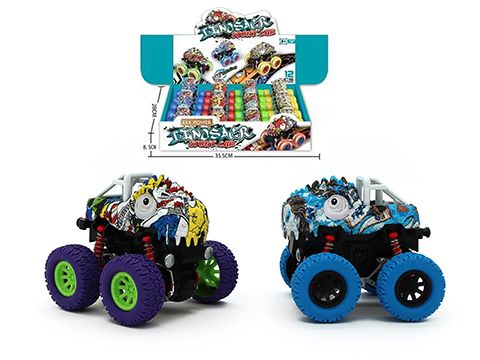 Dinosaur stunt cars set of 2, friction-powered toy with oversized purple and blue wheels