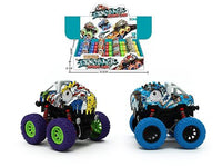 Dinosaur stunt cars set of 2, friction-powered toy with oversized purple and blue wheels