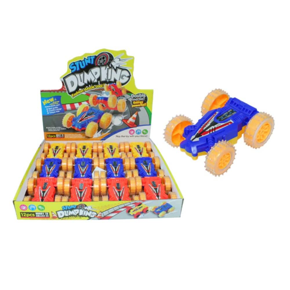 Toy stunt car set with blue vehicle and orange wheels, shown in retail box