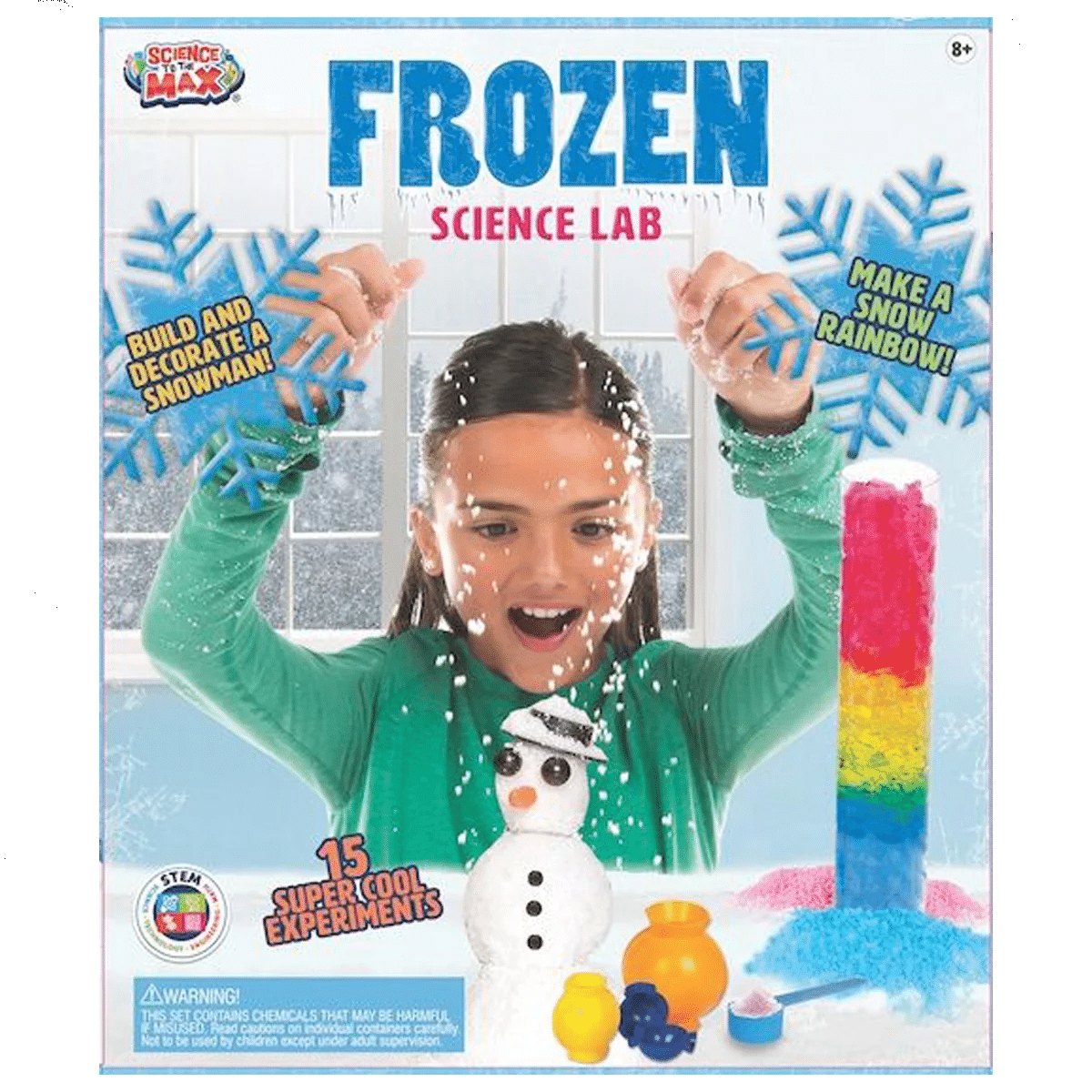Frozen Science lab kit box with girl making snow science experiment