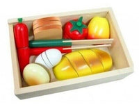 Toy bread cutting set in wooden box tray with bread slices and vegetables