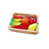 Wooden fruit cutting box with colorful plastic fruit pieces and knife