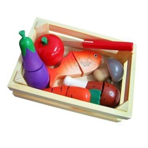 Wooden fruit-cutting crate set with plastic tomato, fish, vegetables, and knife