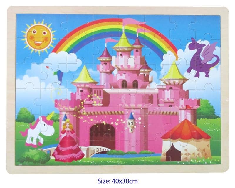 48-piece castle jigsaw puzzle with rainbow, sun, cat, and unicorn figures