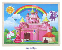 48-piece castle jigsaw puzzle with rainbow, sun, cat, and unicorn figures