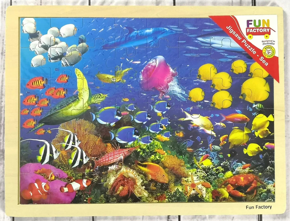 48-piece jigsaw puzzle box with colorful sea life illustration, Fun Factory branding