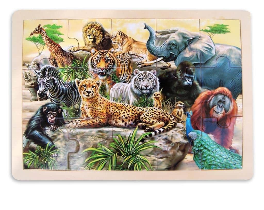 48-piece wildlife jigsaw puzzle with jungle animals, lion, tiger, elephant, zebra