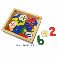 Magnetic number tiles in a wooden storage box, colorful pieces with digits