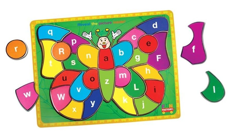 Colorful butterfly letter jigsaw puzzle board with raised pieces and alphabet segments