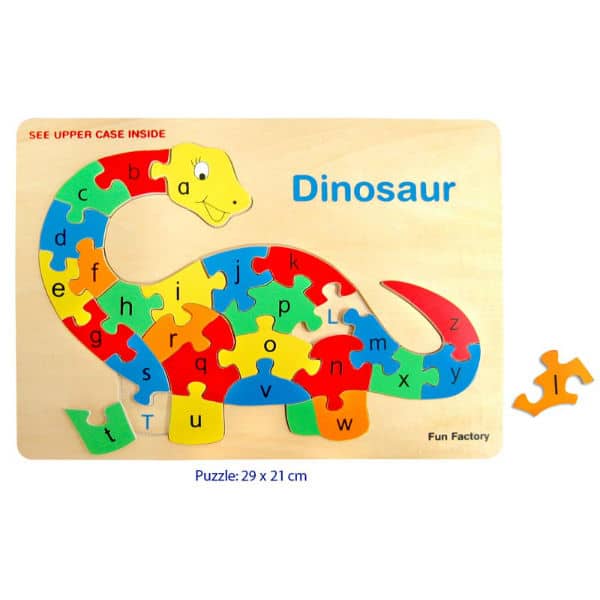 Wooden dinosaur puzzle board with colorful lettered pieces and dinosaur outline, 29x21 cm