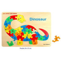 Wooden dinosaur puzzle board with colorful lettered pieces and dinosaur outline, 29x21 cm
