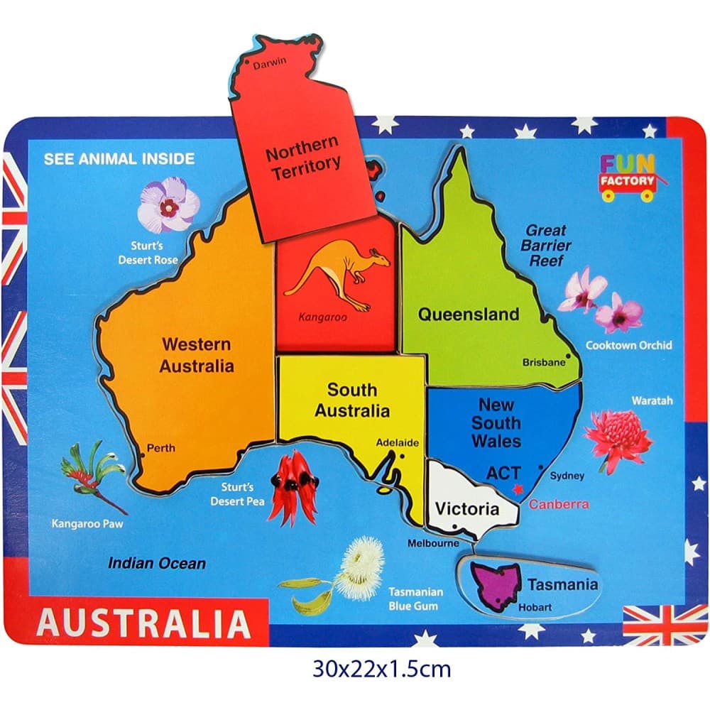 Raised wooden Australia map puzzle with colorful regions and animals