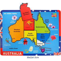 Raised wooden Australia map puzzle with colorful regions and animals