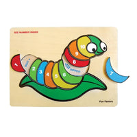 Raised wooden puzzle worm with numbered pieces 1–10 and blue tail
