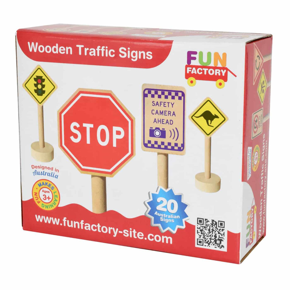 Wooden Traffic Signs 20-piece set box showing STOP octagon and safety camera ahead
