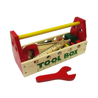 Wooden tool box with red end posts, yellow bar, and tools and accessories inside