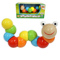 Wooden worm toy with stacked colorful beads and smiling face