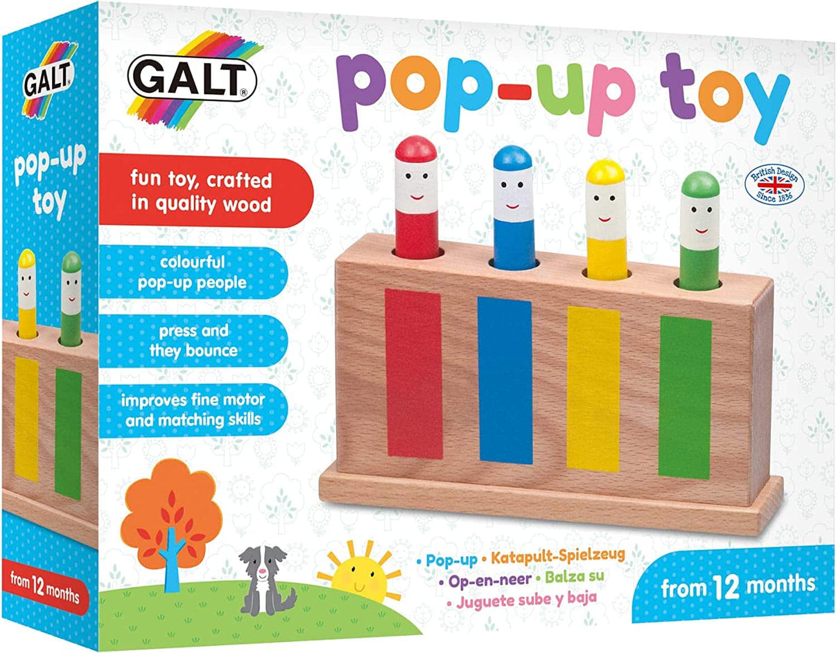 Galt pop-up toy box showing a wooden peg toy with red, blue, yellow, green pegs