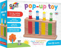 Galt pop-up toy box showing a wooden peg toy with red, blue, yellow, green pegs