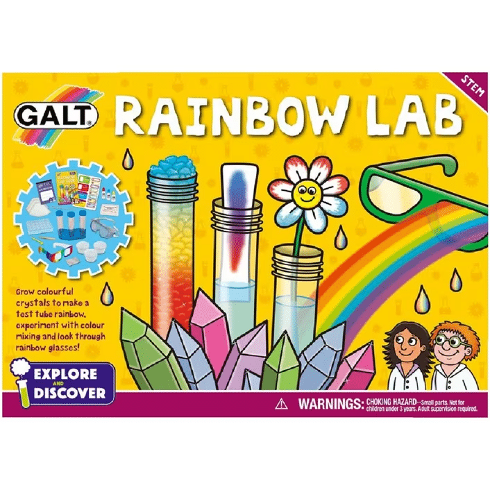 Galt Rainbow Lab science kit box with rainbow, test tubes, crystals and flower graphic