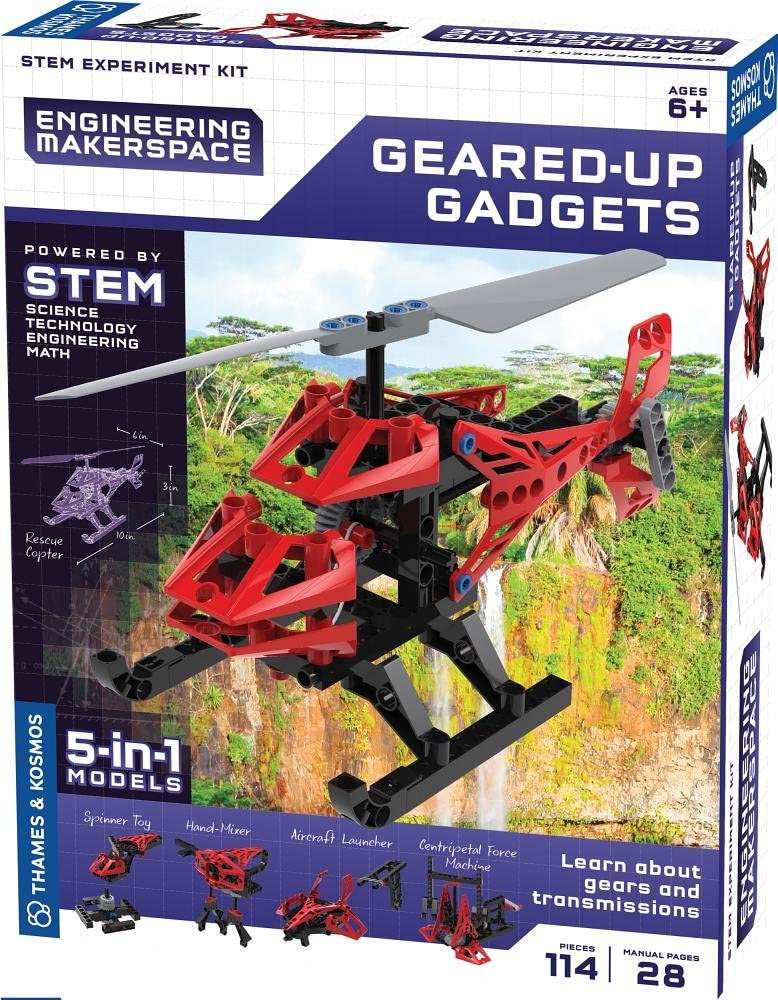 Engineering science experiment kit box with red and black gear gadget model