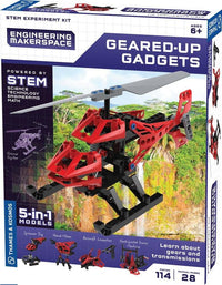 Engineering science experiment kit box with red and black gear gadget model