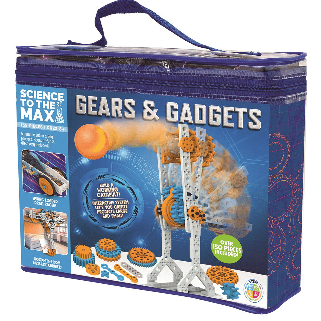 Gears & Gadgets science building kit in blue zip storage bag with carry strap