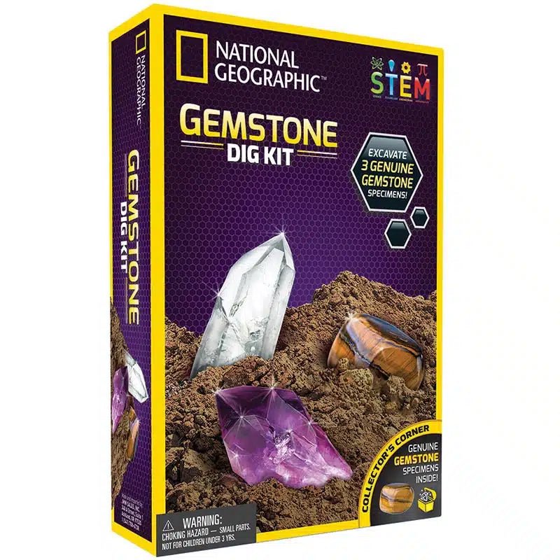 National Geographic gemstone dig kit box with purple crystal and tools illustration
