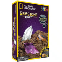 National Geographic gemstone dig kit box with purple crystal and tools illustration