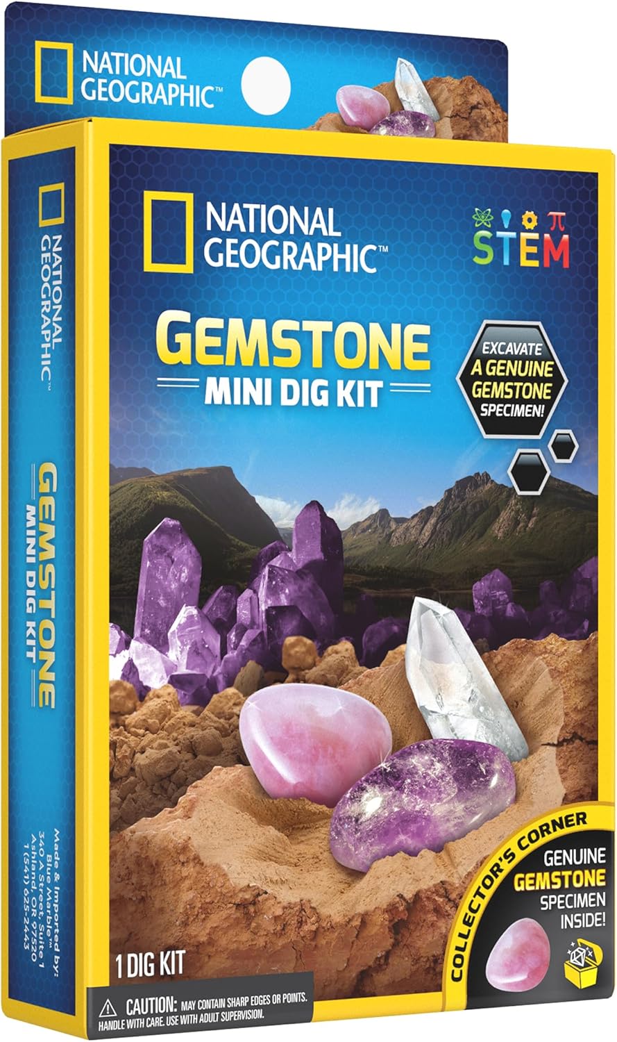 Gemstone mini dig kit by National Geographic, yellow-edged box with purple crystals