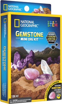 Gemstone mini dig kit by National Geographic, yellow-edged box with purple crystals