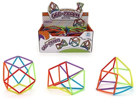 Geo-Morph fidget toy set of multicolor geometric frames, shown in display box
