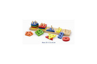 Geometric block sorter pieces: colorful shapes on wooden base, size 37×7.5×8 cm