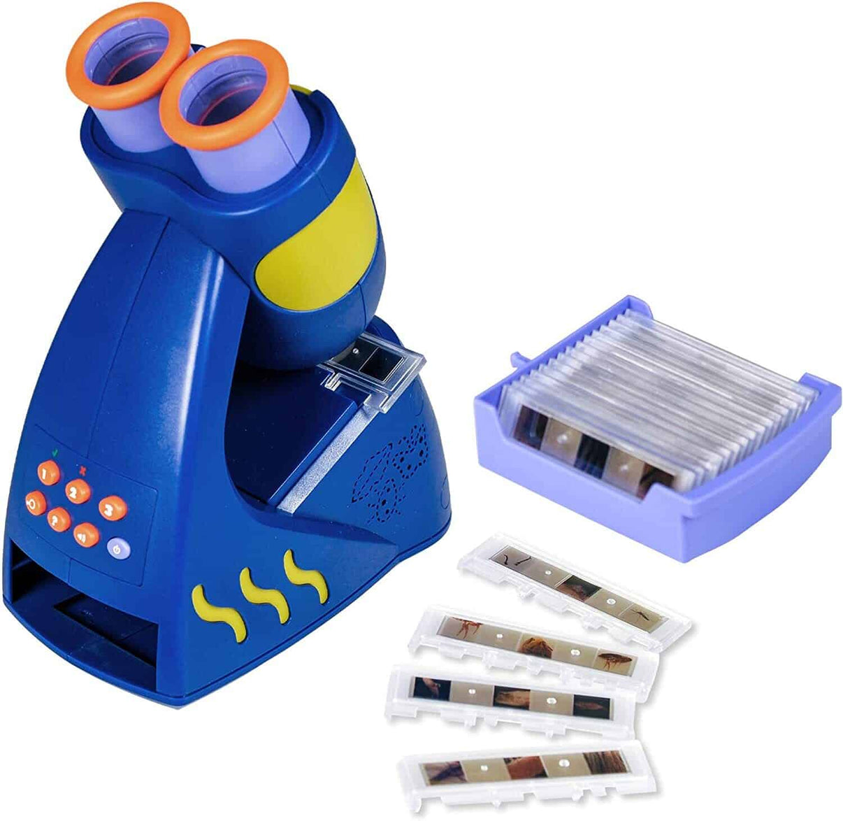 Kids talking microscope with blue body, orange eyepieces, and slide tray