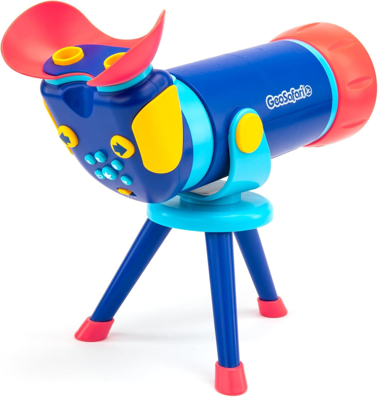 Blue and orange talking space explorer toy with red tripod legs and open red top
