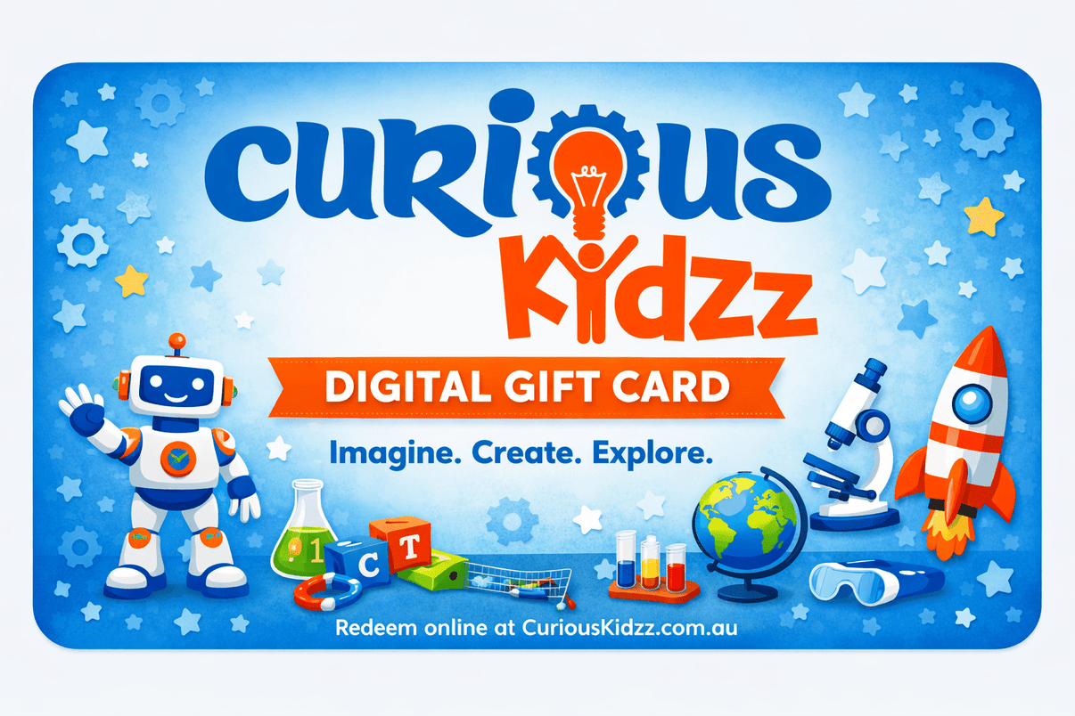 Gift card with Curious Kidzz design, digital gift card text and rocket and robot icons