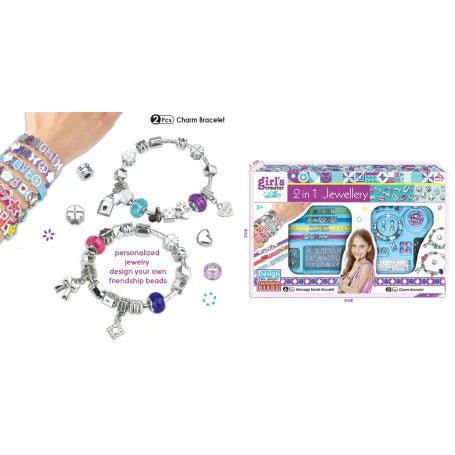 Girls 2-in-1 jewellery set with charm bracelet and bead charms, assorted colors