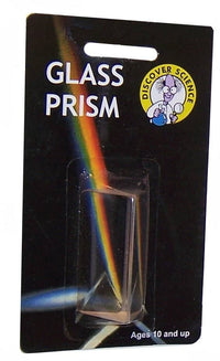 Glass prism in blister pack, showing rainbow light refracting through a clear prism