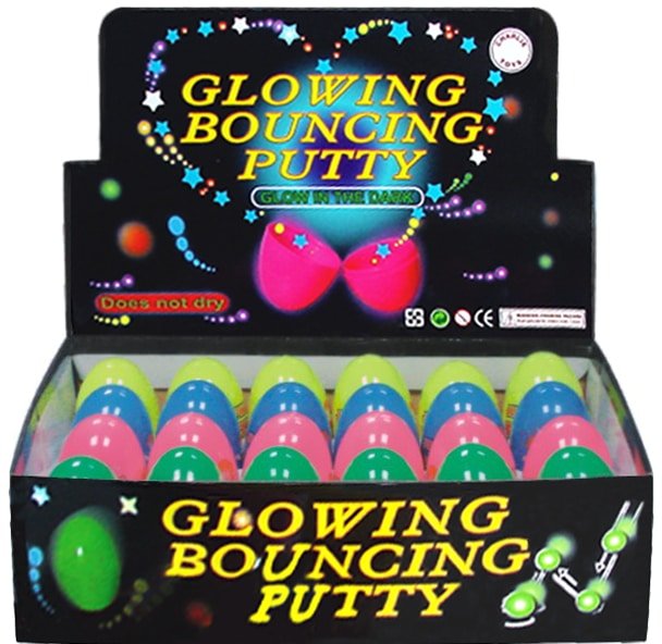 Glow-in-the-dark bouncing putty display box with colorful egg-style jars in tray