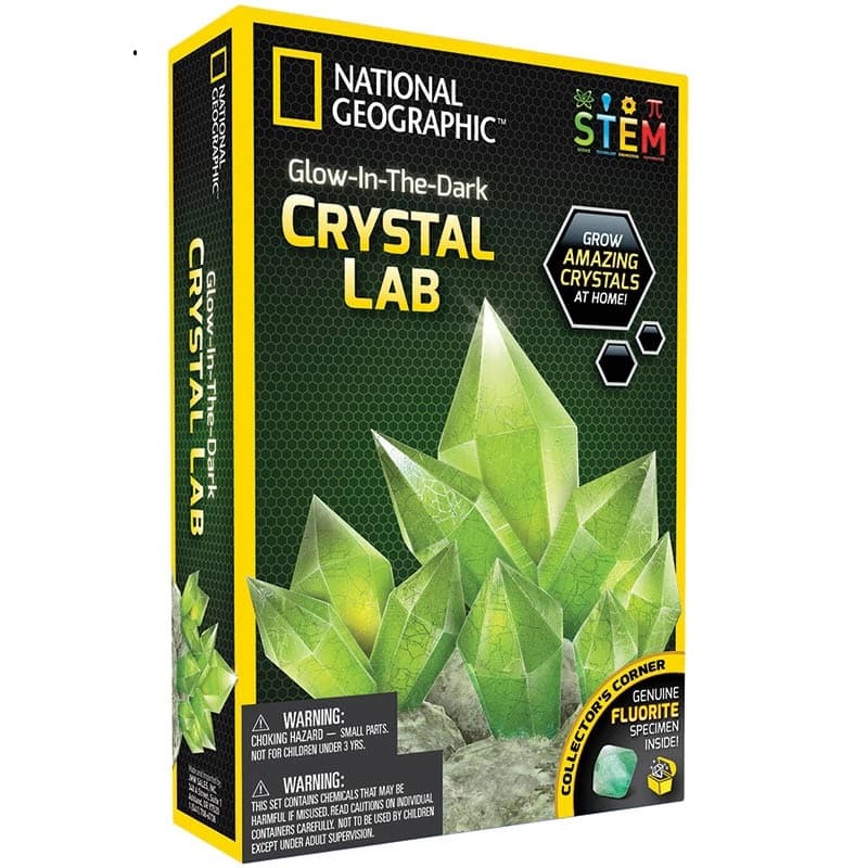 Glow-in-the-dark crystal lab kit box with green crystal artwork, National Geographic STEM