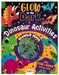 Dinosaur activity book cover with glowing dinosaur shapes and star text