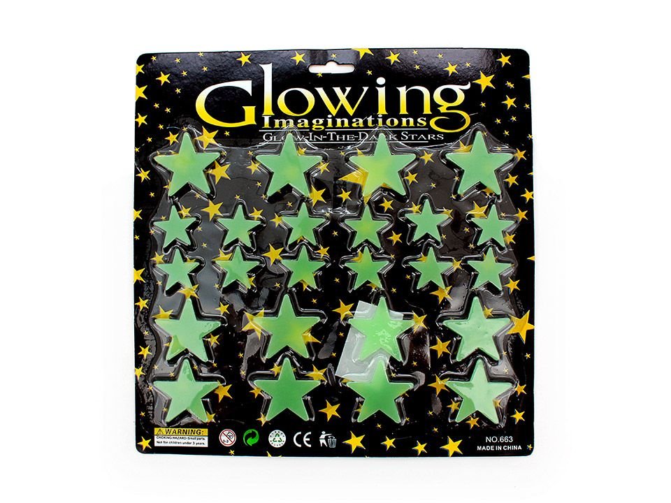 Glow-in-the-dark star stickers set with 24 green stars on black backing card