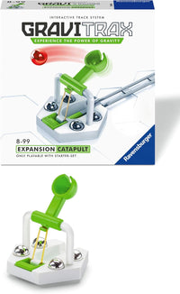 Green GraviTrax expansion catapult with lever and three launcher pods on white base