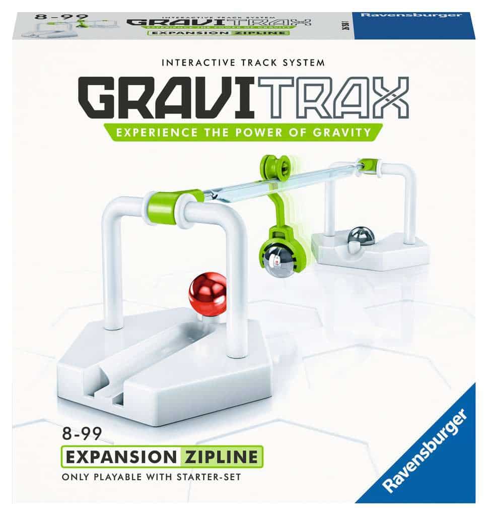 GraviTrax zipline expansion track set with green launcher, red ball, and white base
