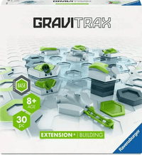 Marble run extension building kit box showing gray track system pieces with green accents