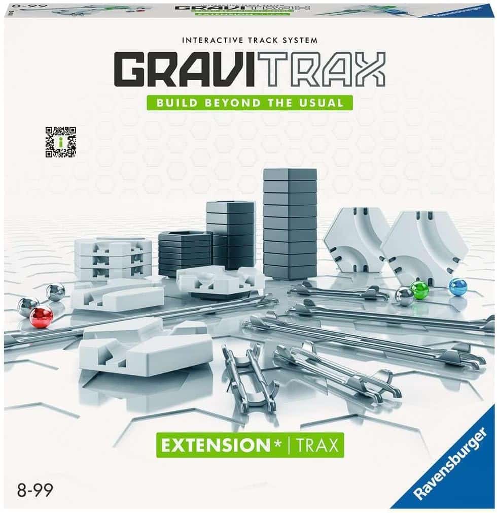 GraviTrax Expansion Trax set box front with track pieces, rails, and hex pillars