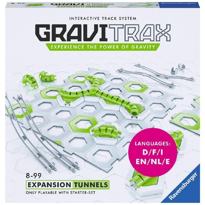 GraviTrax expansion tunnels box with green tunnel track pieces and metal rails