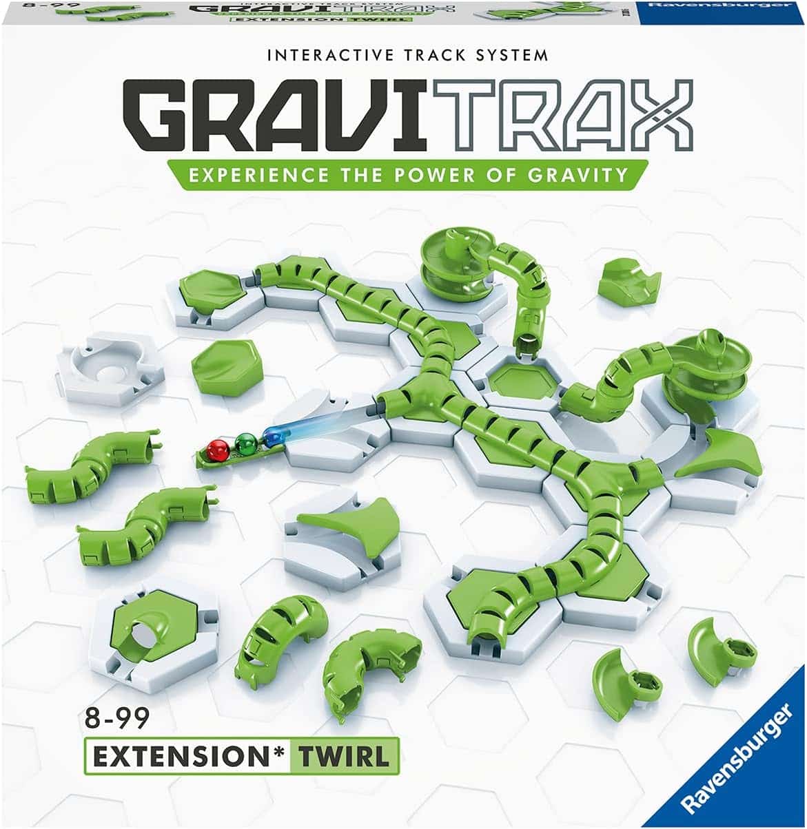 GraviTrax Extension Twirl track set with green curved rails and white track base pieces